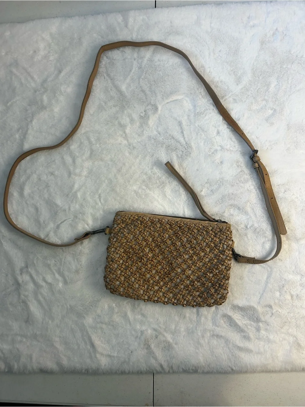 Woven Leather Crossbody Bag Tan Boho Shoulder Purse Neutral Basket Weave